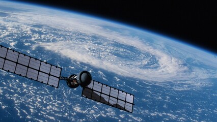 Solar powered satellite hovering over the planet Earth. Collecting meteorological data for weather forecasting or providing communications. NASA public domain imagery © Marcin Janiec