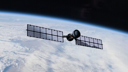 Solar powered satellite hovering over the planet Earth. Collecting meteorological data or providing communications. NASA public domain imagery © Marcin Janiec