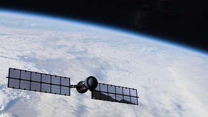 Solar powered satellite hovering over the planet Earth. Collecting weather data or providing communications. NASA public domain imagery © Marcin Janiec