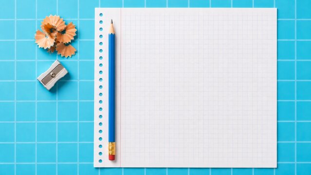 Blank graph paper with pencil, sharpener and shavings on blue grid surface