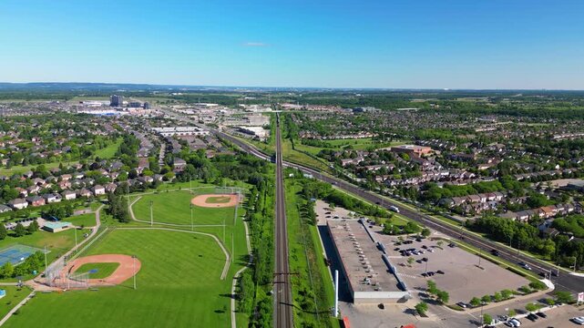 Millcroft Park baseball fields near railway and Appleby Line in Burlington, Ontario, Canada