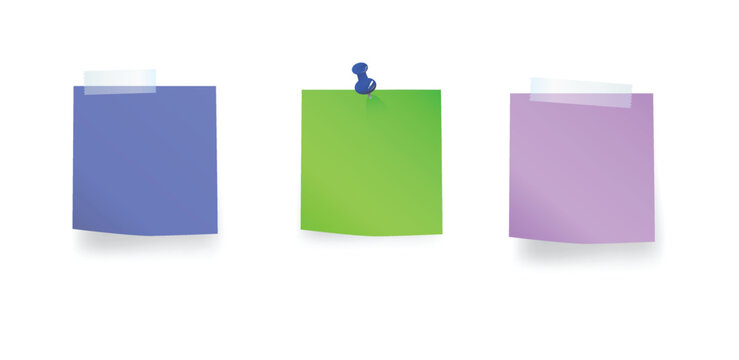 Three vibrant blank sticky notes in different colors are isolated on a plain white surface with a single