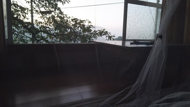 View Inside Mosquito Net Sunrise Misty Mountain Cloud Japanese Wooden House