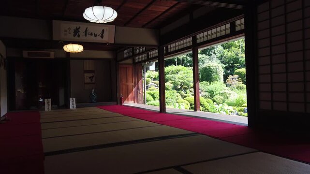 Traditional Japanese Tatami Room Interior View Framing Green Temple Zen Garden