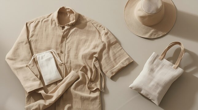 Flat lay beige linen shirt hat bag accessories neutral tones.
