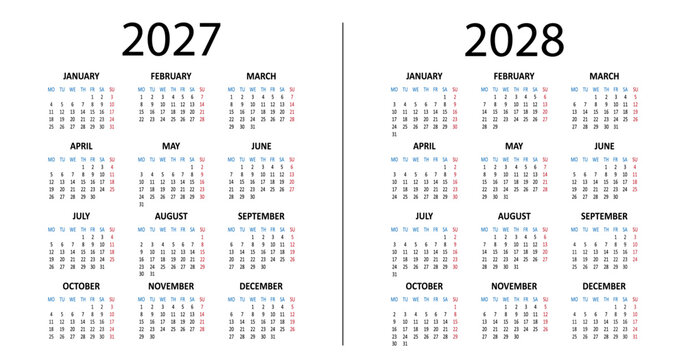 European calendar 2027, 2028 years. Week starts on Monday. Simple business daily banner. Vector illustration isolated on white background