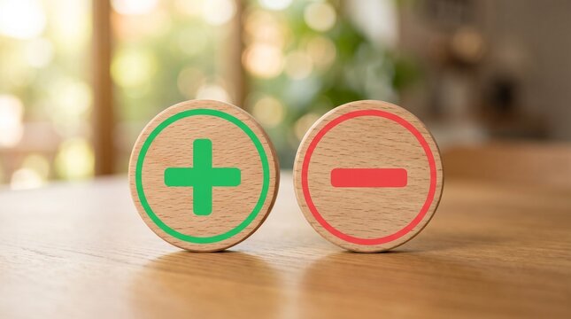 Wooden discs with plus and minus signs on a table with blurry background discs green two wooden plus sign pros cons decision symbols surface