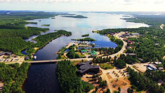 Aerial view of Inari lake Finland Lapland , travel destination north Europe Scandinavia drone footage