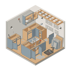 Obraz premium Modern kitchen and workshop interior isometric view.