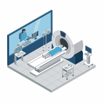 Modern medical imaging facility with MRI machine and patient.