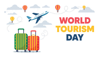 Obraz premium World Tourism Day Banner Concept with Luggage Airplane and Hot Air Balloons Vector