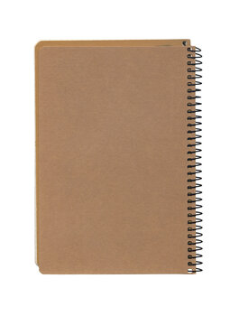 Closed spiral notebook with brown kraft cardboard back cover on a transparent background