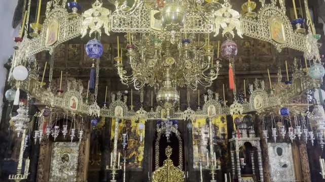 Tilt Up View Rila Monastery Interior Brass Chandelier Gilded Iconostasis Bulgaria