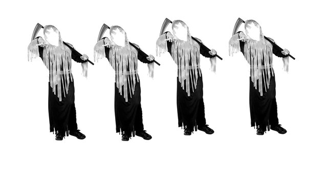 Four identical ghostly grim reaper mummy costumes holding scythes standing in a row isolated on white background for halloween design