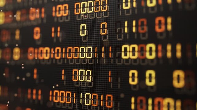 Seamless 3D loop of glowing orange binary digits flowing across a dark digital grid, ideal for technology, data, coding, cybersecurity, networks, encryption and futuristic backgrounds.