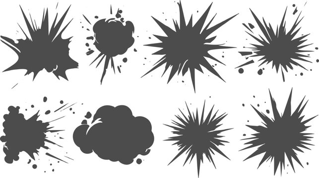Comic Explosion Icon Set, Black White Burst Shapes with Bold Outlines and Action Effects.