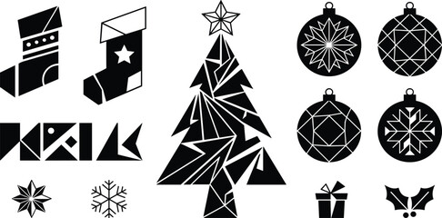 Fototapeta premium Geometric Christmas elements bundle with abstract tree baubles stockings gift and snowflakes vector icon illustration isolated on white background