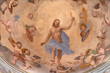 Naklejka premium Pisa - The fresco of Resurrected Jesus amon the anggels in the side cupola of church Chiesa di San Frediano by Domenico Cresti (1559–1638).