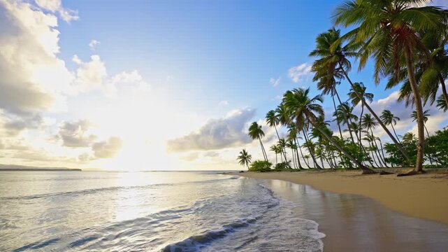Summer palm beach at sunrise with deep blue sky and sun rays. Tropical sunset over blue sea. Tropical sunset of nature. Summer vacation in Bali. Gentle sea waves caress the warm sand.