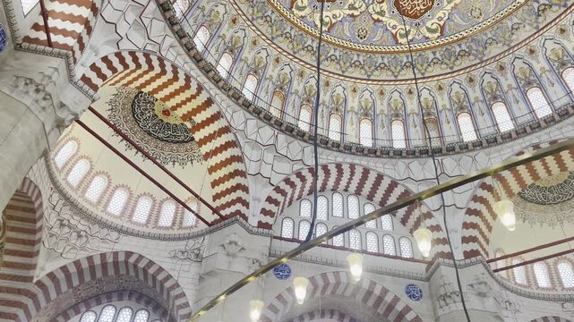 Low Angle Panning Details of Ottoman Mosque Colorful Ceiling Istanbul Turkey