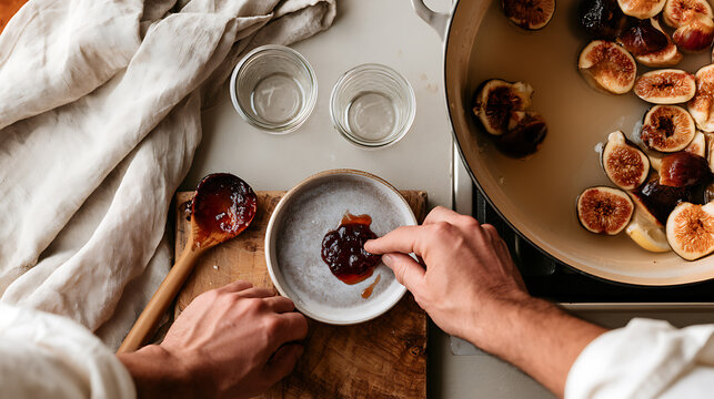 Top view of person taste homemade fig jam Ficus carica in small bowl kitchen counter rustic wooden board pot cut fresh fruit overhead top