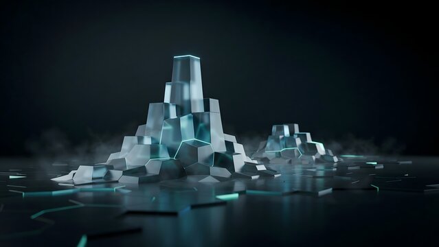 Translucent Voronoi partitions rising from dark surface &ndash; Suitable for biological data visualizer, spatial algorithms, or futuristic database graphics.