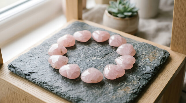 Heart shaped rose quartz crystals arranged in a circle on a slate tile