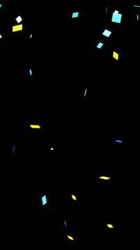 Glowing social media version confetti falling background overlay. vertical colourful confetti party popper explosions for festive, birthday and celebration video, mobile version confetti falling