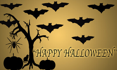 Spooky Halloween night illustration, featuring flying bats, a gnarled tree, spider, black cat, and pumpkins, with "Happy Halloween" text, perfect for holiday greetings and seasonal designs. © Khalid