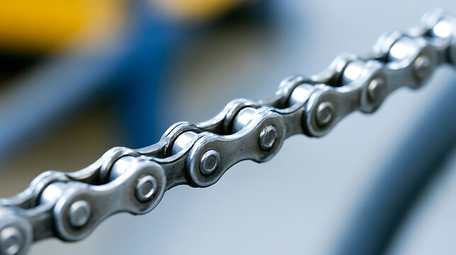 Close-up view of a metallic roller chain in a mechanical system, showcasing strong steel links and industrial hardware components today