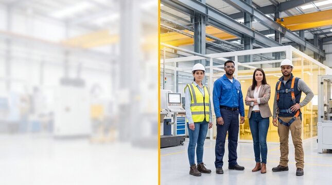 Industrial factory team standing in warehouse. Diverse group of engineers, manual workers, and female manager in hard hats. Copy space background