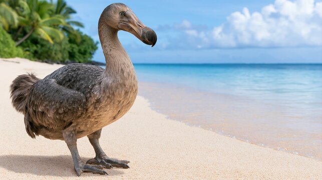 Dodo bird standing on sandy beach near water
