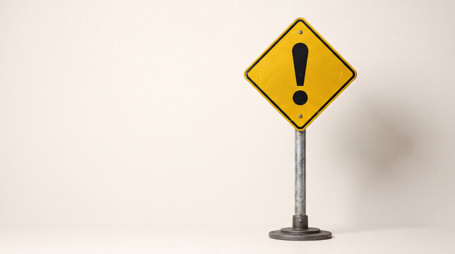 Yellow warning sign with a black exclamation mark standing on a metal pole in a studio, caution sign, danger warning, attention symbol, important message.