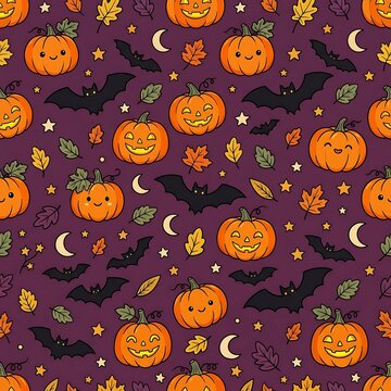 This charming seamless pattern features an adorable collection of smiling jack-o'-lanterns, spooky bats, and colorful autumn leaves, perfect for festive Halloween designs.
