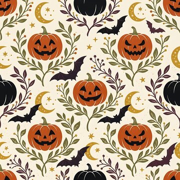 A charming seamless Halloween pattern featuring smiling jack-o'-lanterns, flying bats, celestial moons, and delicate botanical elements, ideal for festive seasonal designs.
