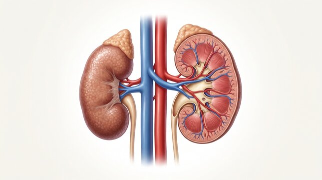 Detailed Medical Illustration of Human Kidneys showing External Anatomy and Internal Cross-Section with Arteries and Veins