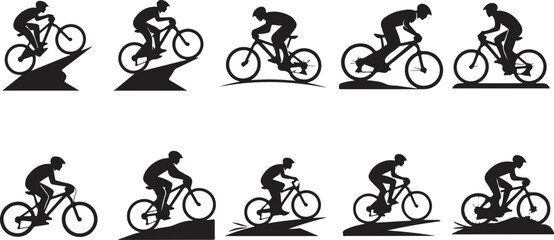 Fototapeta premium Bmx rider silhouettes, bike stunts graffiti, urban cycling set, black vector