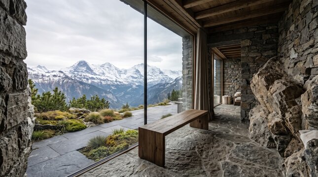 Luxury mountain spa retreat with panoramic snow capped peak views and stone architecture