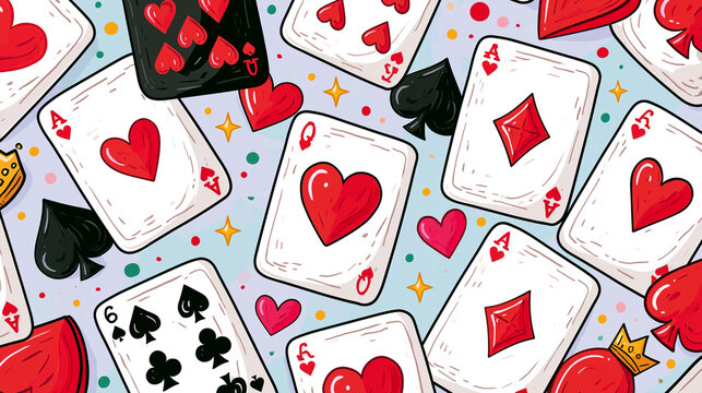 Colorful playing cards scattered on a light background with vibrant patterns.