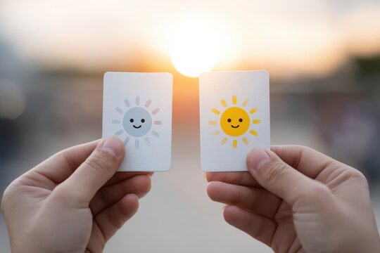 Contrasting Skies: Two hands hold up cards depicting the sun, one with a neutral expression and the other beaming with a smile, set against a beautiful sunset sky.