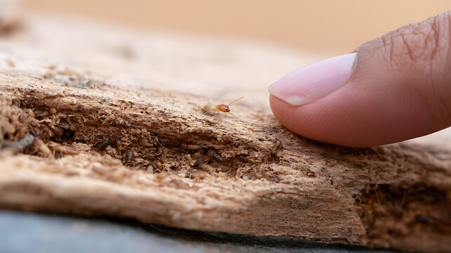 Close-up view of a termite Isoptera insect on damaged wood next to a human finger, highlighting pest control and structural damage concept