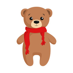 Obraz premium Cute brown teddy bear with red scarf, isolated vector illustration.