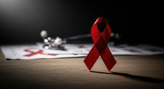 Crimson awareness loop: Human Immunodeficiency, Acquired Syndrome, HIV support, AIDS care, red ribbon, medical stethoscope, wooden table, health campaign, Virus battle, clinical document.