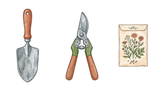 Hand Drawn Vector Illustration Set Featuring a Vintage Garden Trowel Pruning Shears and a Decorative Seed Packet for Professional Horticulture Work