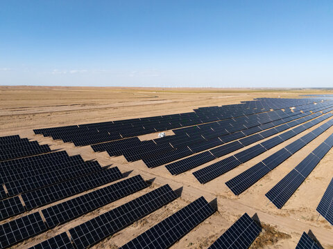 Neatly arranged solar photovoltaic panels in the desert