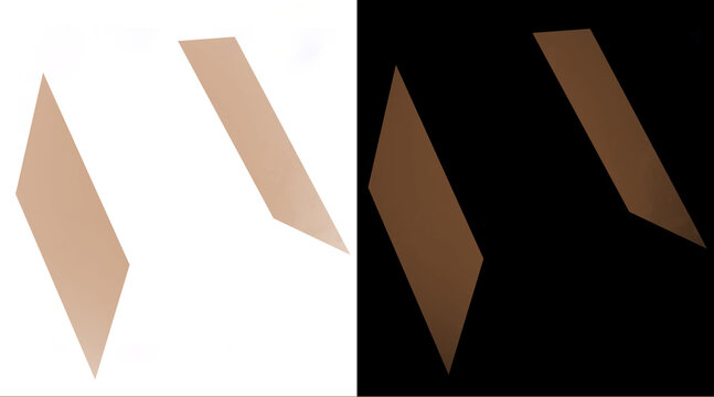 Minimalist geometric parallelogram shapes, rose gold metallic design elements, abstract copper foil graphics on white and black background