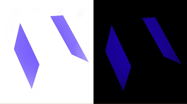 Minimalist purple geometric shapes on white and black backgrounds, abstract parallelogram icons, modern graphic design elements for branding