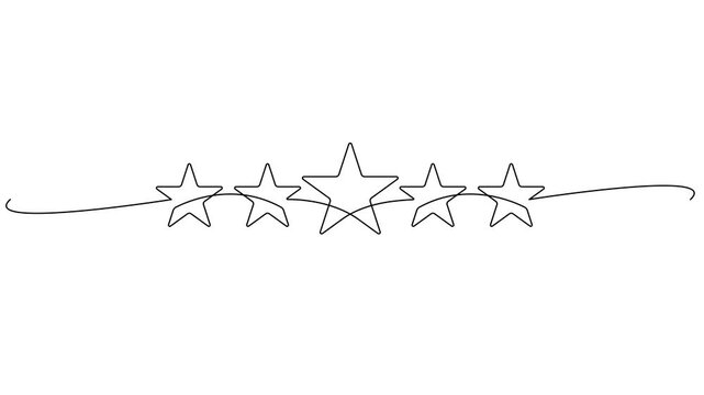 animated continuous line drawing of five stars in a row, five-star rating system or customer satisfaction concept, line art animation