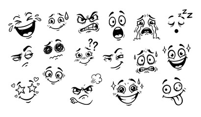 Fototapeta premium Funny Comic Emoji Faces Different Emotions Hand Drawn Vector Collection
