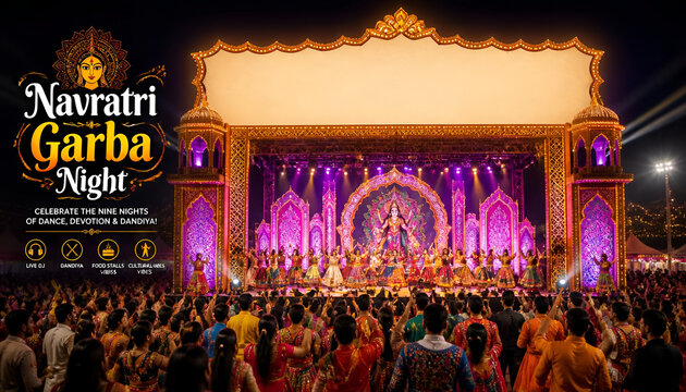 Navratri garba night celebration banner template with ornate illuminated stage and large crowd dancing outdoors at night navratri celebration festival traditional